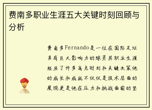 费南多职业生涯五大关键时刻回顾与分析