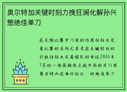 奥尔特加关键时刻力挽狂澜化解孙兴慜绝佳单刀