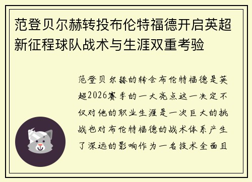 范登贝尔赫转投布伦特福德开启英超新征程球队战术与生涯双重考验